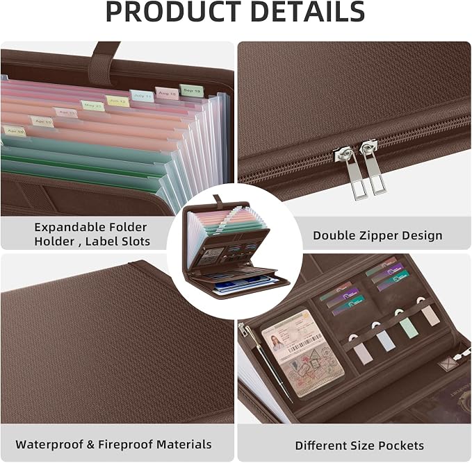 Fireproof Accordion File Organizer, Expanding File Folder with 13 Pockets | Portable Document Organizer with Waterproof Zipper & Labels, File Organizer for Important Document/Paper Storage, Brown