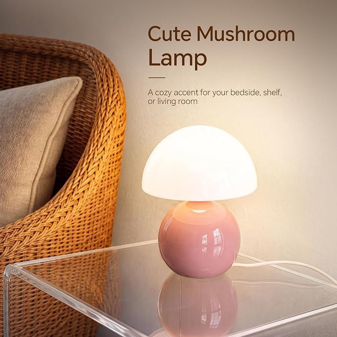 Mushroom Lamp Table Lamp for Bedroom-Small Desk Table Lamps,Pink | 8.7" Mid Century Modern Table Lamps for Living Room Bedroom Decor,Cute Ceramic Lamps for Mushroom Home Room Decor,Glass Shade