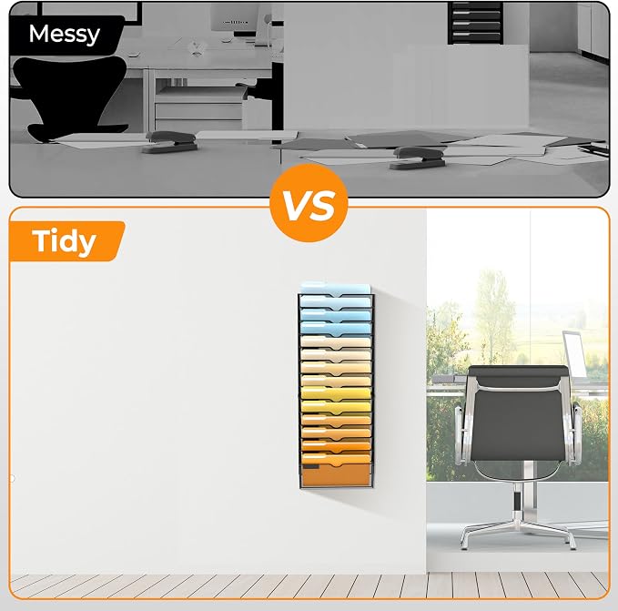 14 Tier Wall File Organizer, Hanging Wall Mounted Mail Organizer with Label Slots, Metal Mesh File Holder Magazine Rack for Office, Home, School or Classroom, Black