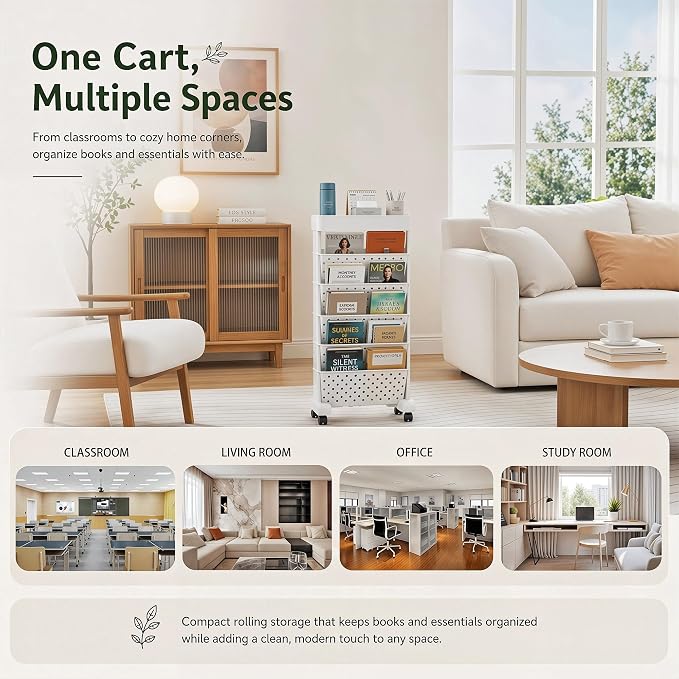 BYFU 6-Tier Rolling Bookshelf Cart, White | Movable with Wheels, File Paper Storage Organizer, For Home Office Study Classroom