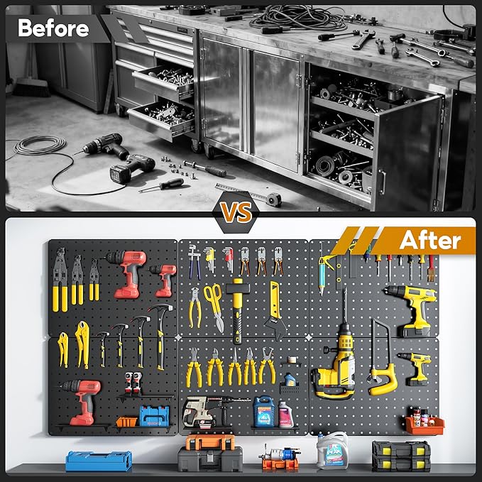 Peg Board, 112PCS Heavy Duty Metal Pegboard with Hooks, 6 Pack Black Peg Board Panels, 60lbs Load Capacity Each, Pegboard Wall Organizer for Garage, Workshop, Kitchen, Craft Rooms
