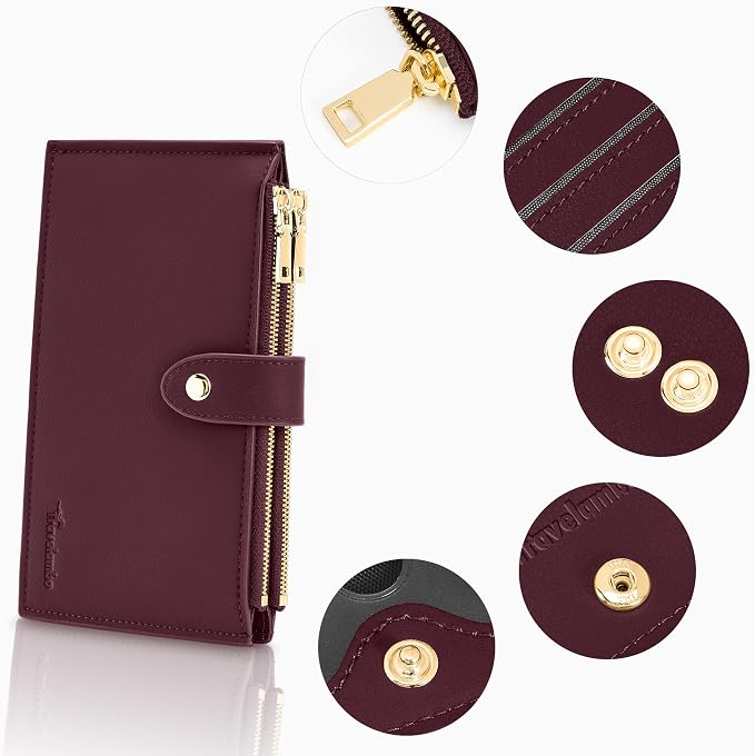 Travelambo Womens Leather Bifold Wallet, Slim RFID Blocking Card Holder | Large Capacity, 16 Card Slots & ID Window, 2 Zipper Pockets, Dual Snap Closure, Slim Lightweight, RFID Privacy Protection