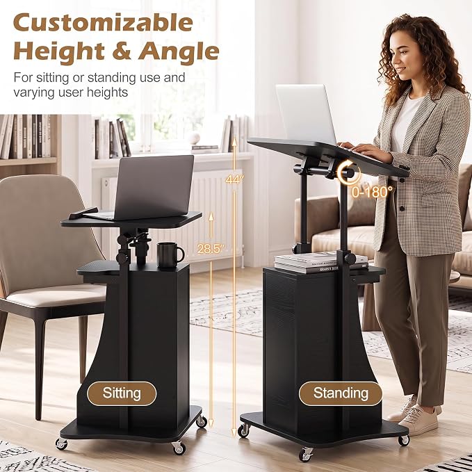 Tangkula Mobile Lectern Podium, Height Adjustable Podium Stand, Standing Sit-to-Stand Desk, Rolling Cart Laptop Desk with Swivel Top Movable Wheels & Storage