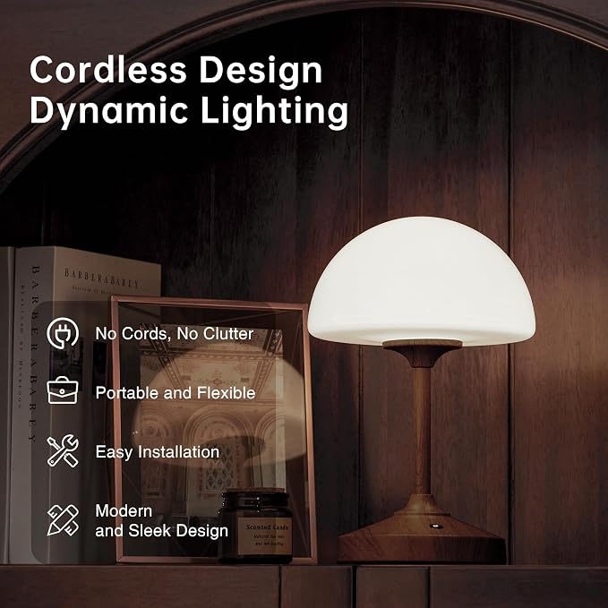 Mushroom Lamp Cordless Lamp Table Lamp,Outdoor Waterproof Shower Lamps,5000mAh Rechargeble Battery Operated Dimmable Touch Desk Lamps,LED Night Light for Bathroom Patio Camping Outdoor/Walnut