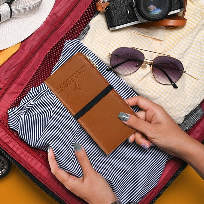 TIGARI Travel Wallet, Leather Passport Holder for Travel, Rfid Blocking Passport Wallet For Women, Zipper Pocket Card Slots Purses, Travel Document Organizer Waterproof Travel Accessories(Brown)