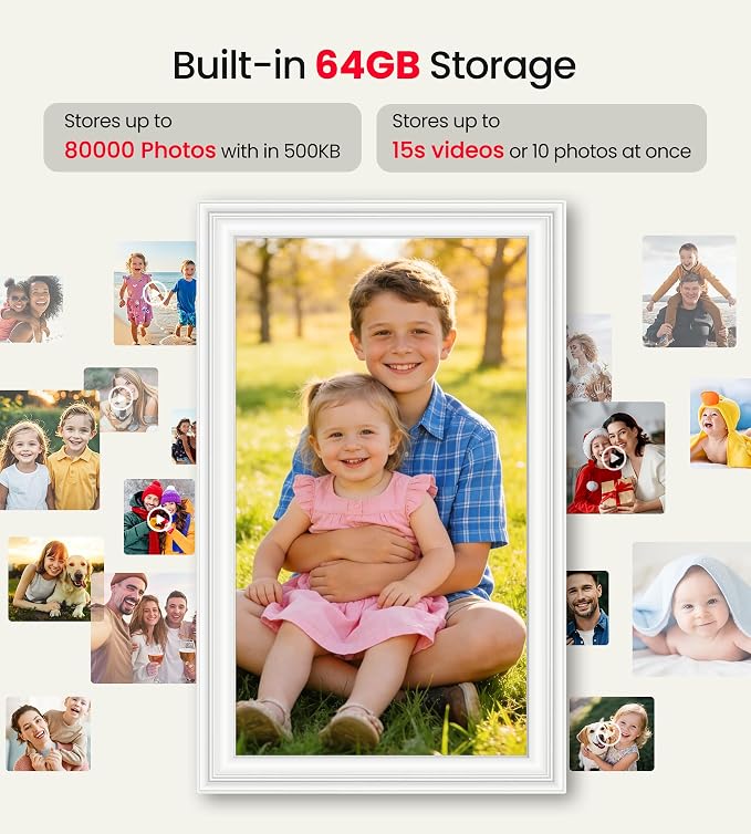 BIGASUO 15.6" Digital Picture Frame, 64GB WiFi Digital Frame Frameo with 1920x1080 FHD IPS Touch Screen, Share Photos Videos via Frameo App, Support SD/USB Drive, Best Gifts for Parents/Grandparents