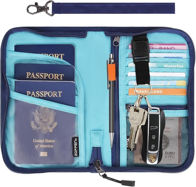 Passport Holder Family RFID Passport Wallet, Passport Holder Women/Men, Travel Wallet Documents Organizer Zipper Case with Removable Wristlet Strap, Travel Essentials for Flying