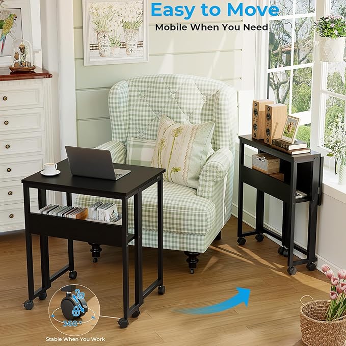 GreenForest Folding Desk with Wheels, 24.8" Rolling Table for Small Spaces | Storage Shelf, Lockable Casters, Compact Portable Workstation, Space-Saving Foldable Sofa Table, Home Office, Mobile, Black