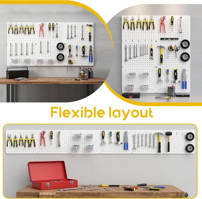 Steel Pegboard Tool Wall Organizer, 6 Pack 14.76 x 10.82 in, 6 Bins, White | 6 clear storage bins organize screws and small parts; 36 hooks and 30 peg locks keep garage tools sorted and easy to reach.