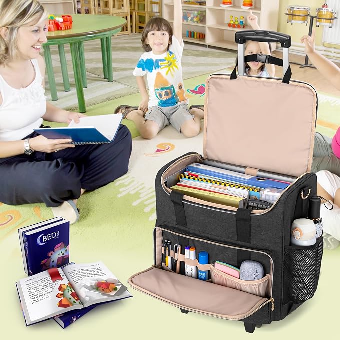 LUXJA Rolling Teacher Bag with Wheels and 15.6" Laptop Compartment, Black | Rolling Briefcase for Women, Teacher Tote Bag for Office Work with Detachable Dolly and Shoulder Strap, Ample Storage Pockets