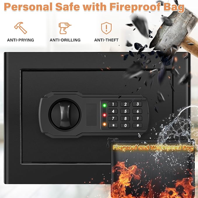 9.84"H Small Safe Box for Money | 1.2 cuft Security Safe with Fireproof Bag | Electronic Digital Safes with Combination Lock and Removable Shelf | Personal Money Safe for Home Cash Medicine Documents
