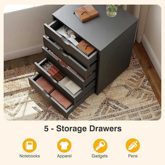 OLIXIS 5 Drawer File Cabinet, Printer Stand with Storage Cabinet | Wood Under Desk Storage Organization Holds Printer, Office Supplies, Not For Hanging Files, Fit Home Office Black