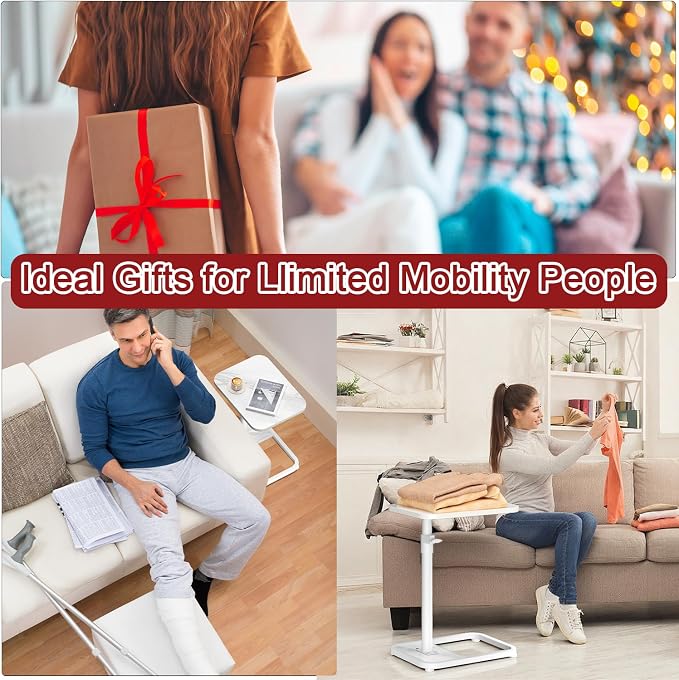 GOYLSER C Shaped Tv Trays Living Room End Table End Stand, White Marble Minimalist Wooden C Table for Sofa, Height Adjustable Tv Tray Tables Side Table for Dinner Eating