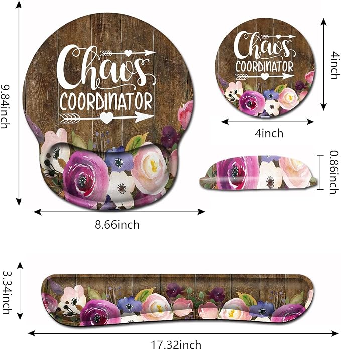 Mouse Pad Wrist Guard and Keyboard Wrist Rest ,Office Desk Accessories, Office Decor for Women, Office Gifts, Desk Decor, Chaos Coordinator Quotes Vintage Watercolor Floral Mouse Pad