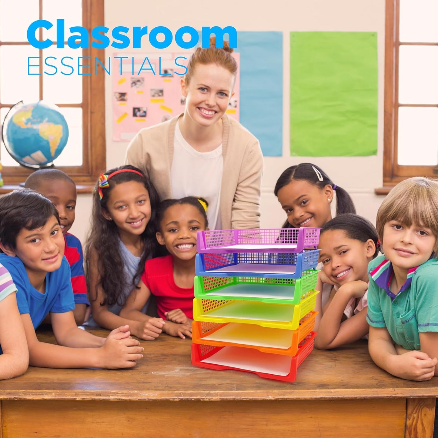 4E's Novelty 6 Colorful Plastic Trays for Teachers, Durable Turn in Trays, Classroom Paper Organizers, Stackable Storage Baskets for Office Desk, Classroom Organization Supplies, 13.3"L x 9.2"W x 3"H