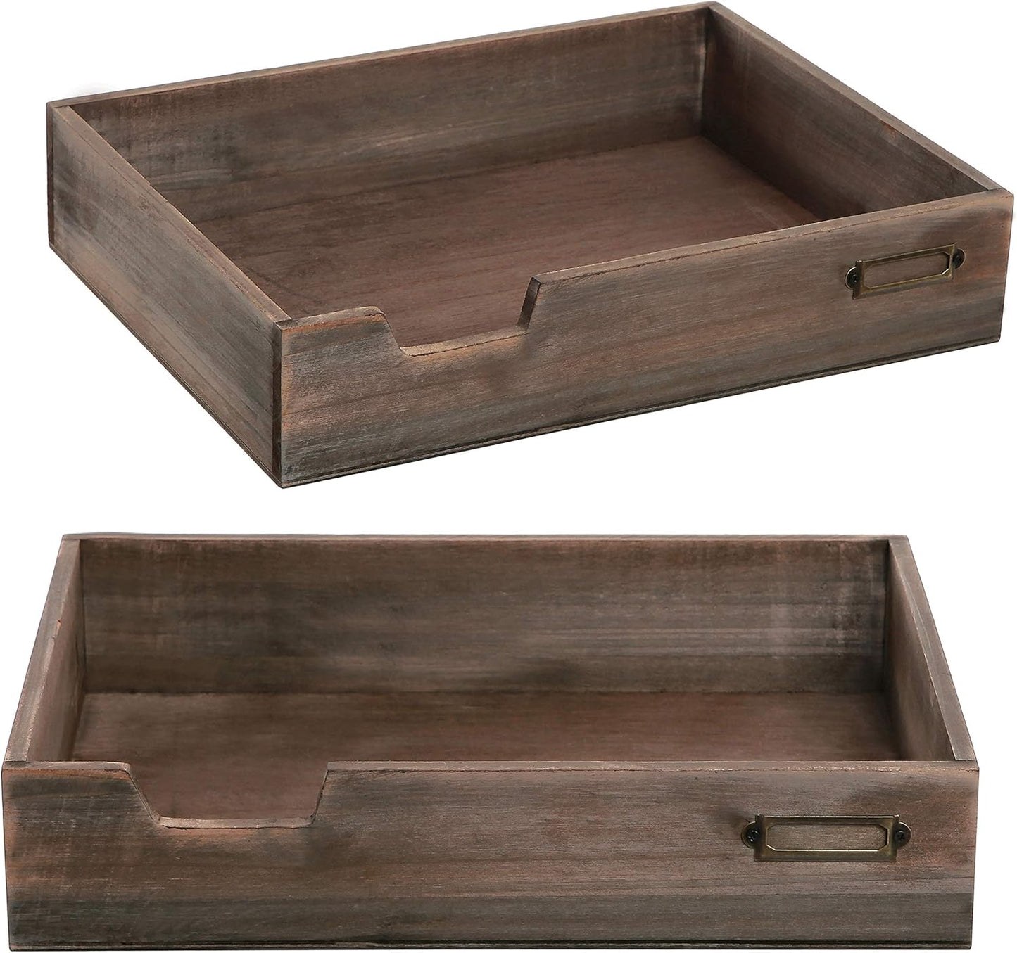 MyGift Set of 2 Vintage Distressed Finish Brown Wood Stackable Office Desktop Document Letter Paper Tray