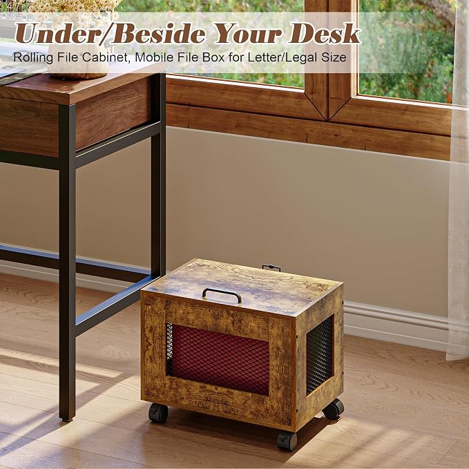 Sbanmao Small File Cabinet Cart Under Desk, Rolling Filing Cabinet for Home Office, Hanging File Organizer Box on Wheels, Mobile Decorative Document Storage Basket for Letter & Legal Size