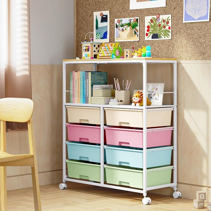 Rolling Storage Cart with 8 Large Drawers,Wooden Tabletop | Open Storage Shelves, Mobile Craft Organizer with Lockable Wheels for Home, Classroom, Office Supplies & Art Studio,Colorful