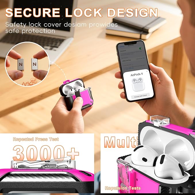 for AirPods 4 Case with Lock Magnetic Lid MagSafe, Rose Red | Compatible with Apple AirPods 4th Generation Protective Case with Cleaner Kit & Carabiner, Powerful Drop Protection