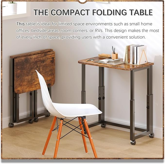 4NM No Tool Assembly 23.6" Small Desk, Folding Portable Desk with Wheels, Adjustable Height Foldable Computer Home Office Desks, Collapsible Study Writing Table for Space Saving Bedroom - Rustic Brown