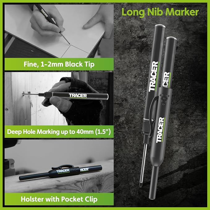 Tracer Complete Deep Hole Marking Kit - Includes Double-Tipped Long Head Deep Hole Permanent Marker and Deep Hole Construction Pencil with 6 Replacement Lead Dispenser Site Holster | Deep hole construction pencil, double-tipped permanent marker, 6 repl...