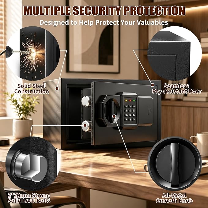 𝟑𝟓-𝐌𝐢𝐧 𝟏𝟖𝟎𝟎°𝐅 Mini Fireproof Safe, 15.4 Lbs Heavy Duty Safe Box | Small Fire Safe with Alarm System, Sensor LED Light, Wall Mountable Design for Home & Office Storage of Cash, Passport
