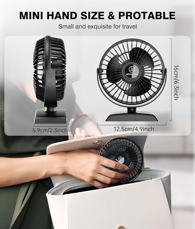 JZCreater USB Desk Fan, USB Fan Mini, 360 Rotation Desktop Fan with 3 Speed, Table Personal Cooling Fan, Quiet Mini Desk Fan, USB Powered, Small Fan for Home Office Bedroom Car Travel,Black+Black
