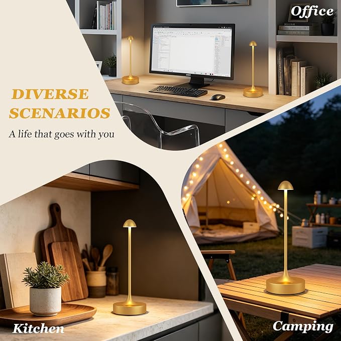 Kakanuo Rechargeable Cordless Table Lamp, Battery Operated Lamps, 3-Color Stepless Dimming, Portable Wireless Desk Lamp, LED Lighting for Dining Room, Restaurant, Office, Bar, Home(Gold 2 Pack)