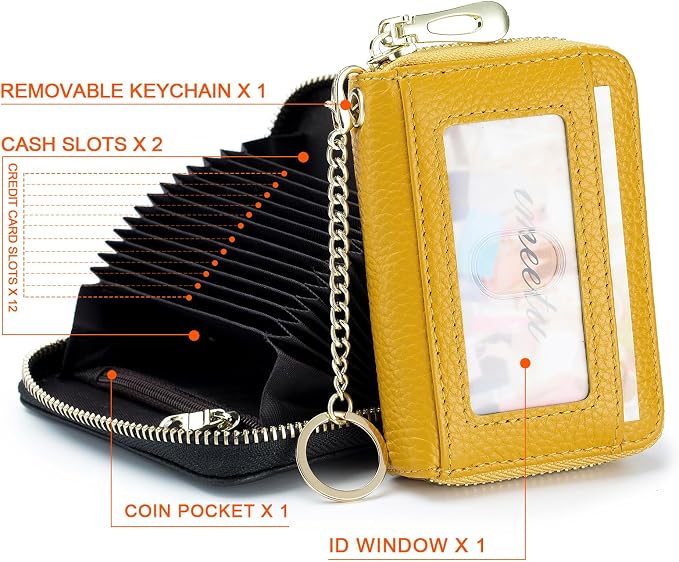 imeetu RFID Credit Card Holder, Small Card Wallet Women, Leather Card Case | Genuine Leather Women's Card & id Cases, Change Coin Purse with Zipper Keychain id Window, 20 Colors & 3 Styles, Daily, Gifts