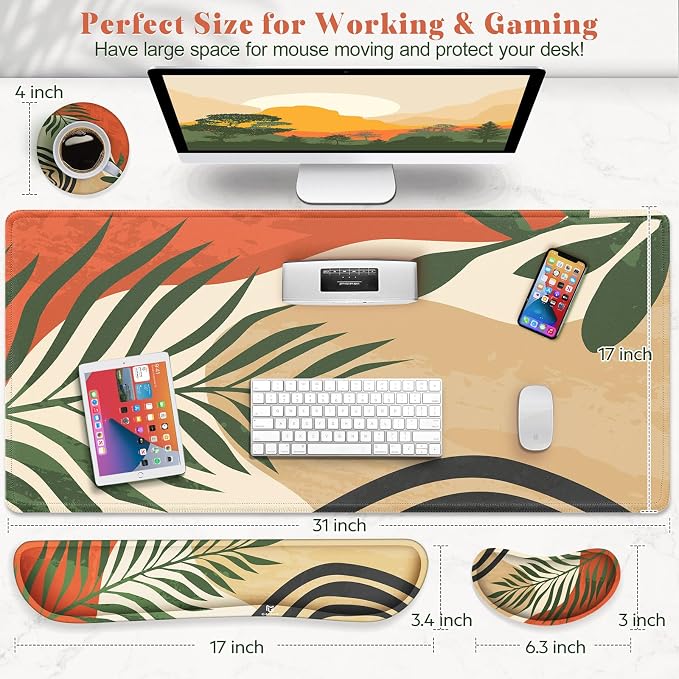 Gimars 4 in 1 Mouse Pad and Keyboard Wrist Rest Set, Large Mouse Pad with Memory Foam Wrist Support Pad for Desk with Coaster, Easy Typing Pain Relief, Gaming Office Home 31.5x12 in, Morandi Orange
