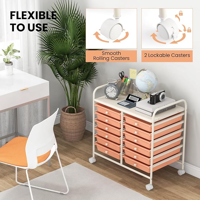 COSTWAY 12-Drawer Rolling Storage Cart, Utility Storage Organizer Cart | For Tools, Scrapbook, Paper, Craft, Multipurpose Art Supply Organizer on Wheels for Home Office School, Teacher, Peach