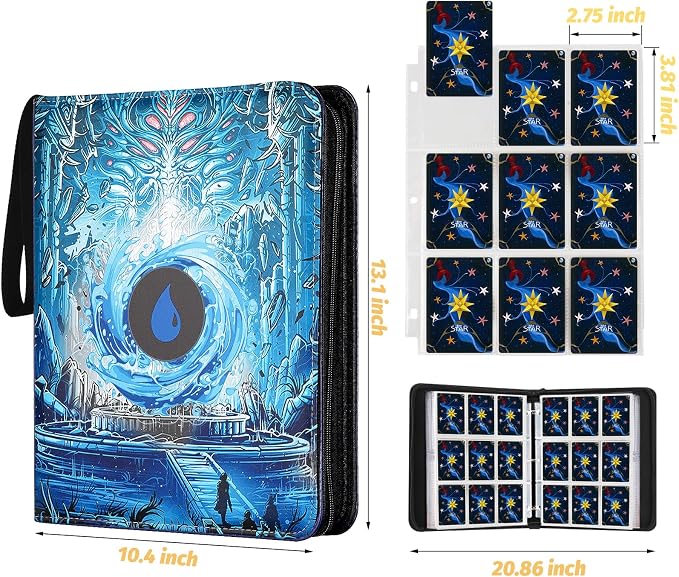 720 Pockets Round Ring Trading Card Binder, 9-Pocket Clear Zipper Card Album with Wrist Strap, Holds 720 Standard TCG Cards Compatible with Sports Baseball Football Game Cards (Blue Print)