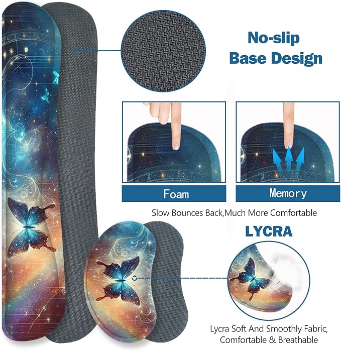 ToLuLu Large Mouse Pad Desk Pad Set, Wrist Rest Support Desk Mat for Keyboard and Mouse, 4PCS 35.4”x15.7 XXL Giant Mouse Pad, Non-Slip Base Stitched Edges Mousepad Home Office, Glittering Butterfly