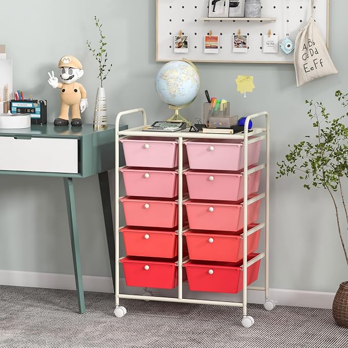 COSTWAY 10 Drawer Rolling Storage Cart, Utility Cart with Lockable Wheels | Mobile Art Supply Craft Organizer with Metal Frame, Multipurpose Drawer Cart for Paper for Office, School, Mixed Pink