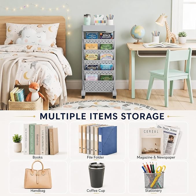 BYFU 6-Tier Rolling Bookshelf Cart, Grey | Movable with Wheels, File Paper Storage Organizer, For Home Office Study Classroom