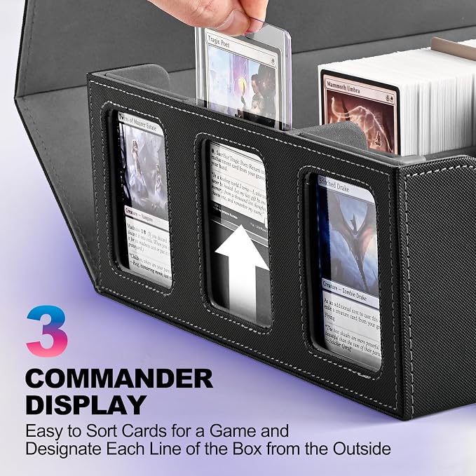 UAONO Card Storage Box for Trading Cards, 1800+ Commander Deck Box for MTG with Display Window, Toploader Card Case fits Magic TCG PTCG Sports Cards; 10 Removable Divider Tabs, 3 Stoppers (Black)