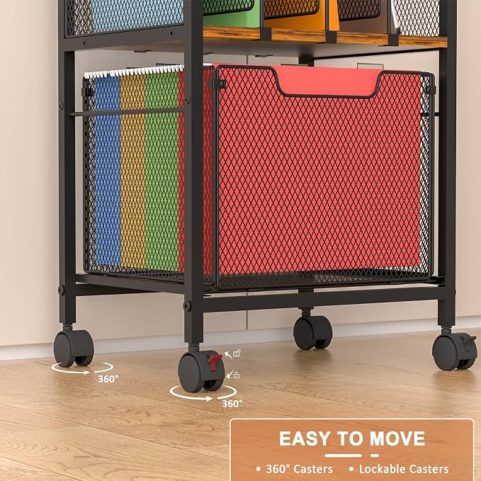 Tiaoheka Rolling File Cabinet with Adjustable Dividers, Vertical Filing Cabinet with Storage Drawer on Lockable Wheels, Hanging File Organizer Beside Under Desk for Office, Home（Patent Pending）