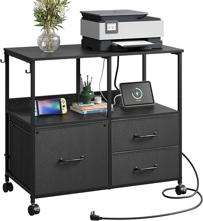 DEVAISE 3 Drawer Mobile File Cabinet with Storage Shelf | Rolling Printer Stand, Fabric Lateral Filing Cabinet fits A4 or Letter Size, Adjustable Shelf for Home Office,Black