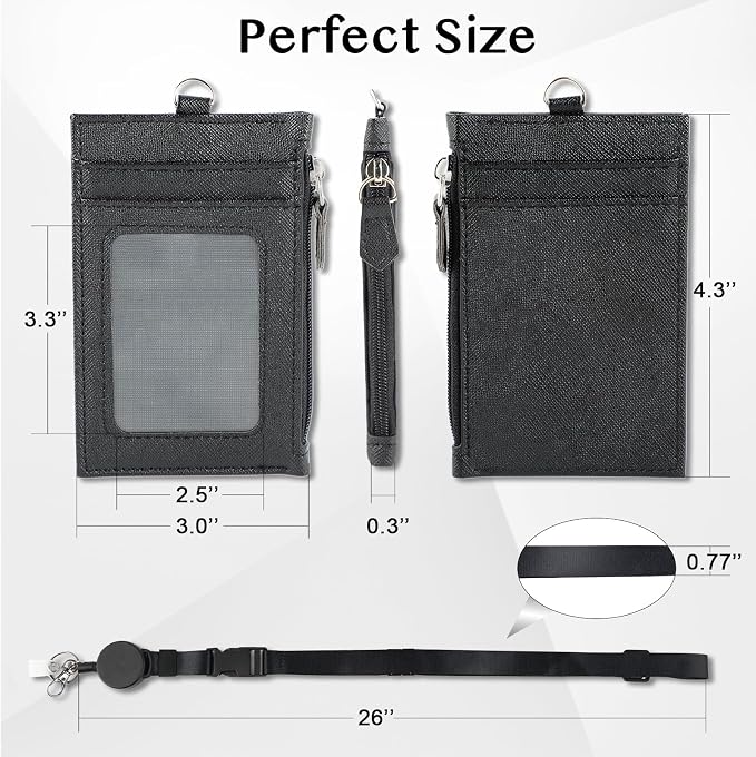 DELSWIN Badge Holder with Retractable Lanyard, PU Leather ID Badge Card Holder with 1 ID Window, 4 Card Slots, 1 Side Zipper Pocket, and Adjustable Neck Strap