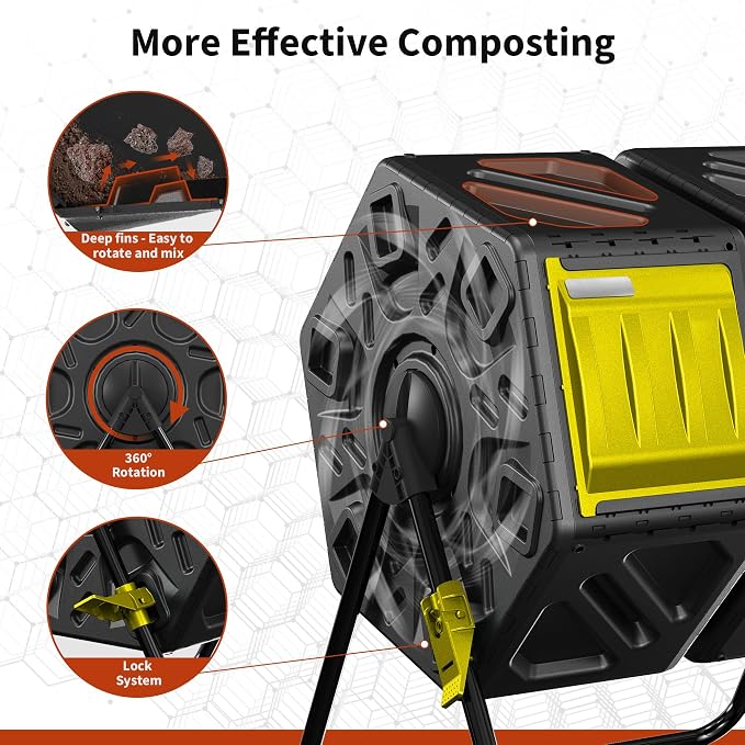 Compost Bin, 37-Gal Dual Chamber Composter Tumbler, Black Yellow | Steel Frame with 2 Sliding Door and Aeration System, 360° Rotating, Tumbling Composting Bin for Kitchen, Garden, Yard
