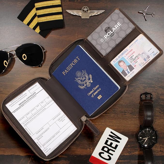 Polare Leather Pilot Wallet Passport Holder RFID Blocking Tri-fold Travel Cover Document Organizer for Aviation Professionals (Dark Brown(YKK Zipper with AirTag Slot))