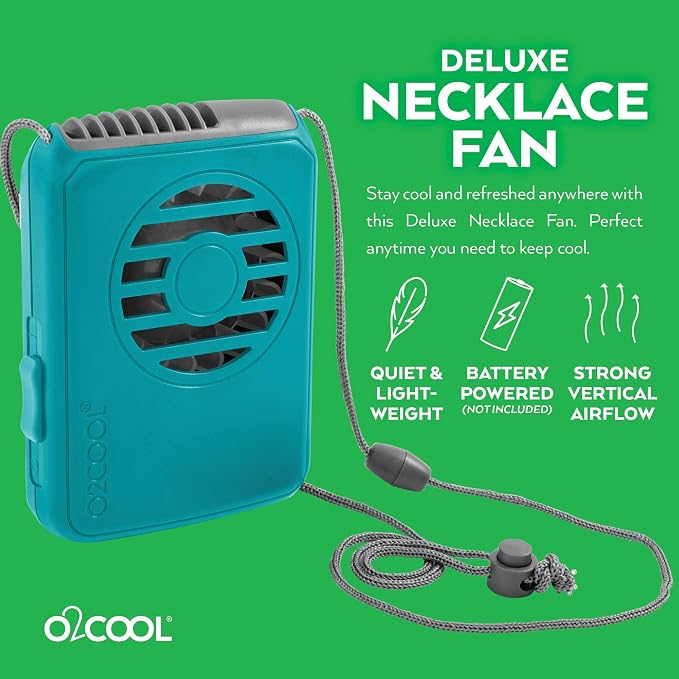 O2COOL Deluxe Necklace Fan Adjustable Lanyard Wearable Fan Teal | Yes