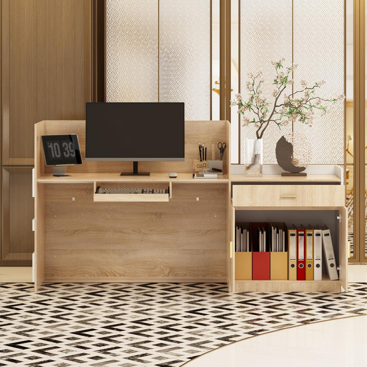 ECACAD Oak & White Reception Desk with Keyboard Tray, Retail Counter with Cabinet, Checkout Counter Table for Office Clinic Retail Lobby Salon