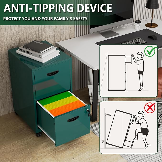 Polup 2 Drawer Rolling File Cabinet with Lock for Home Office | Metal Mobile Filing Cabinet on Wheels, Small Under Desk Storage, Fits Hanging Letter Size, Printer Stand, Green