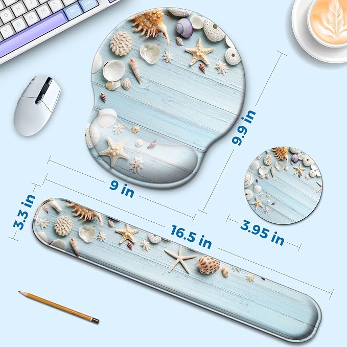 Mouse Pad and Keyboard Wrist Rest Support,Ergonomic Mouse Pad Set | Mousepad With Coaster and Non-Slip PU Base,Pain Relief for Desk Desktop Gaming, Computer,Office -Beach
