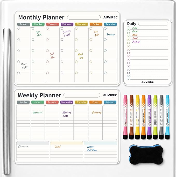 Magnetic Calendar for Refrigerator, Fridge Calendar 3-Pack | Monthly Weekly Daily Dry Erase Calendar Planner Set with Nano-Tech Surface, 17"x12" Magnetic Whiteboard, 8 Markers & Eraser