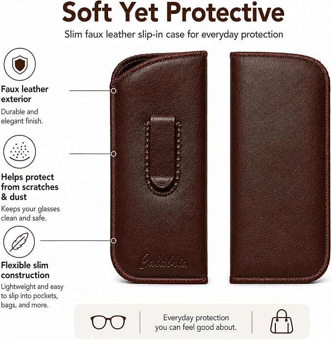 Calabria Slim Faux Leather Eyeglass Case Soft Slip-In Design [Brown - 100 Pack] | Compact Protective Pouch | Soft Case for Glasses | Lightweight Sunglass Storage