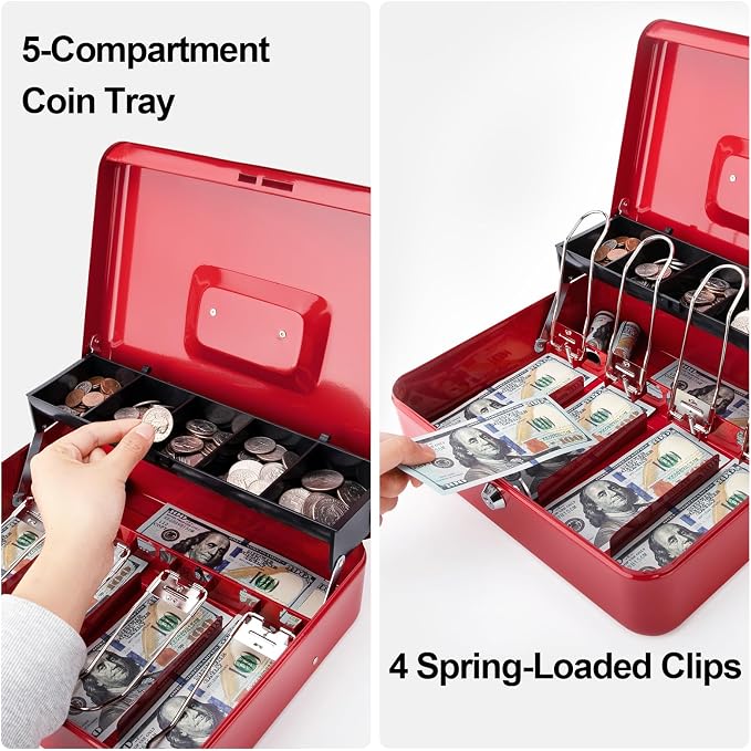 Jssmst Cash Box with Money Tray and Lock -Red Cash Box with Key Lock Safe Money Box Large, Locking Cash Register Drawer Box for Money, 11.8'' x 9.5'' x 3.5'', SM-CB005RED