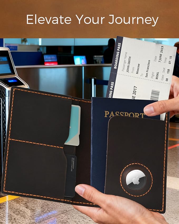 Passport Holder for Travel, Genuine Leather Passport Holder with Airtag, Rfid Passport Cover Wallet Case for Men Women, Travel Essentials Gift, Coffee Brown