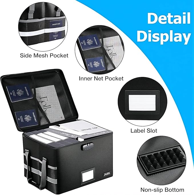 Fireproof File Box with Lock, Document Storage Organizer with Lid, Handle | File organizer Filing Storage Cabinet with Water-resistant Zipper, Home Office Safe for Hanging Letter/Legal Folder